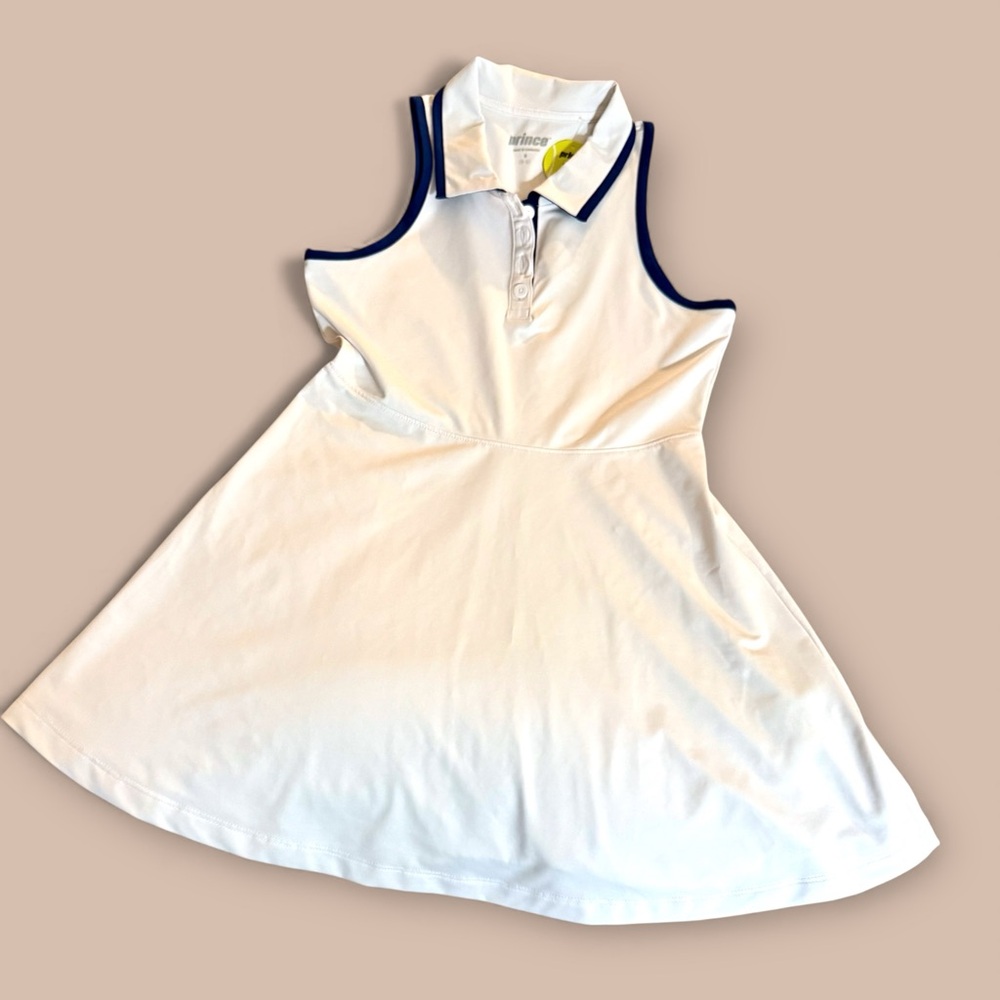 NWT Prince Girls Tennis Dress Sleeveless Ball Pocket White Blue S (8-9) Athletic